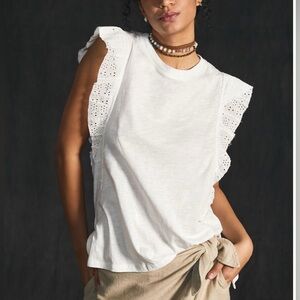 Pilcro/ Anthropologie White Eyelet Ruffle Sleeve Top